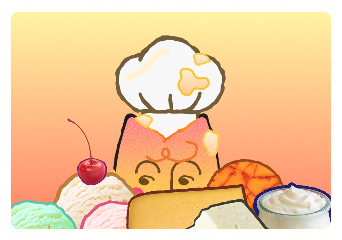 Hollandaise Creamery mascot with cheese, custard, butter and yogurt
